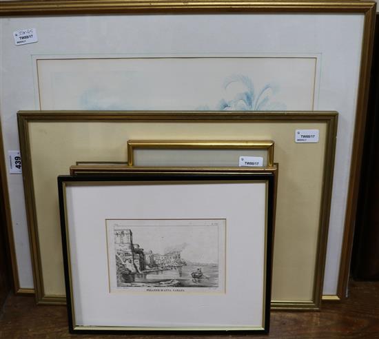 W D Fielding, a pencil and watercolour drawing and various prints of landmark buildings and four other prints, various